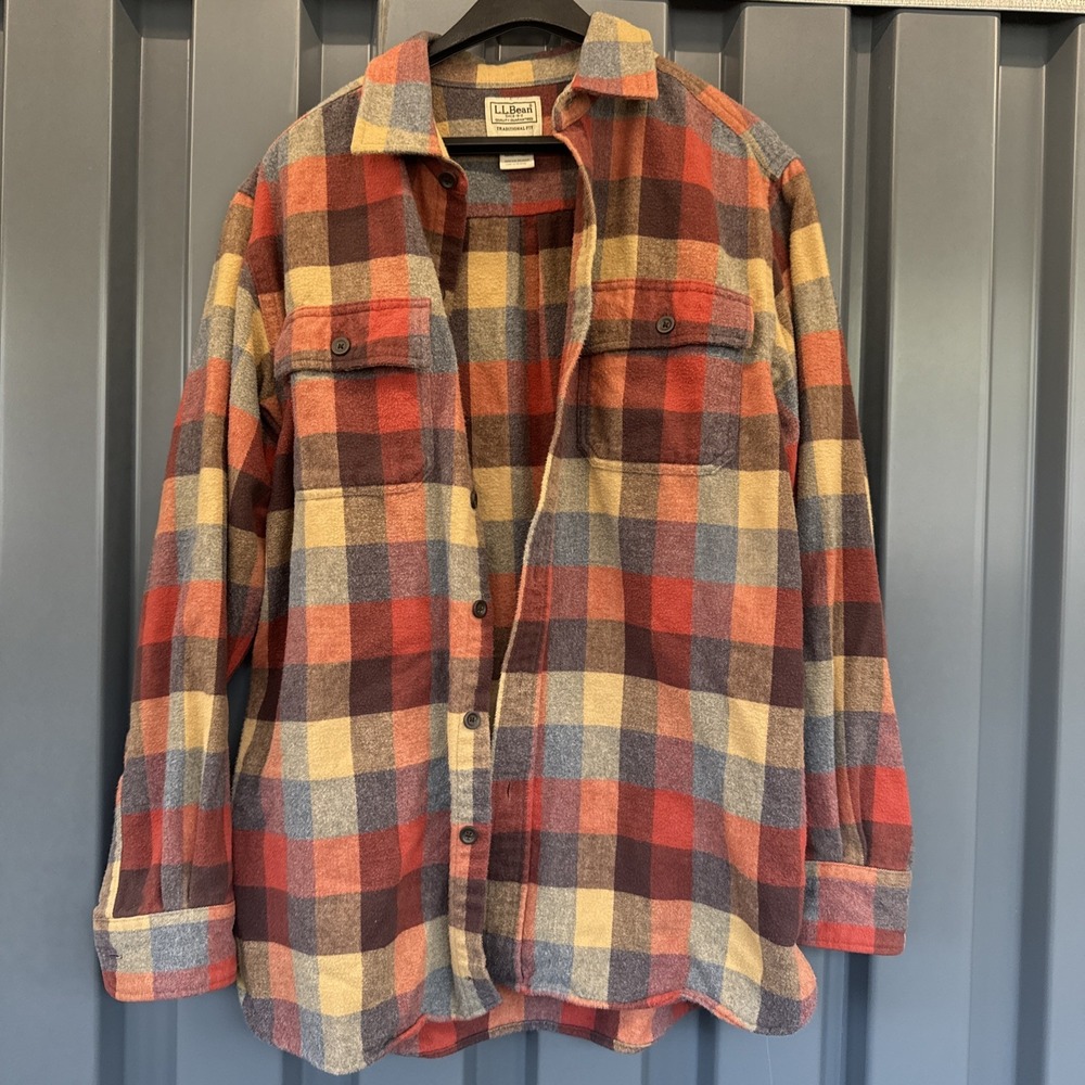 LL Bean Chamois Check Plaid Flannel‎ Traditional Fit Mens M Apple Cinnamon